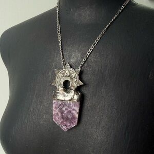 Bohemian lepidolite Crystal statement Pendant Necklace boho style anxiety crysta